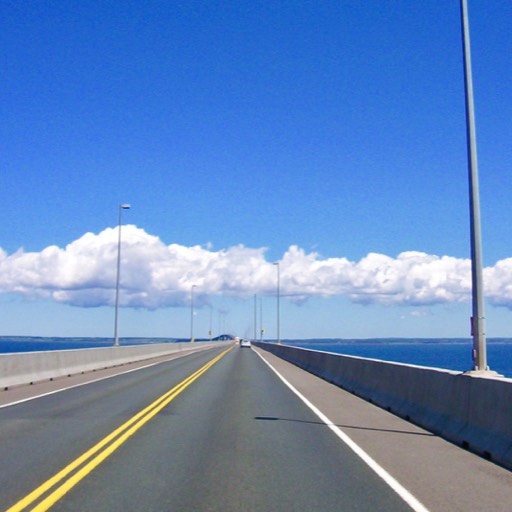 Long view of the Confederation Bridge, linking the mainland with Prince Edward Island.