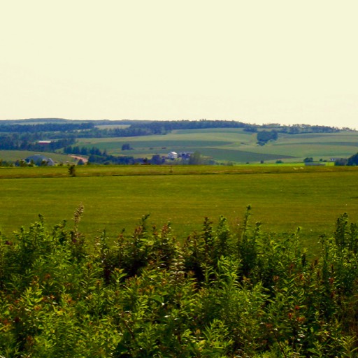 Panoramic view of rolling hills of Prince Edward Island. 