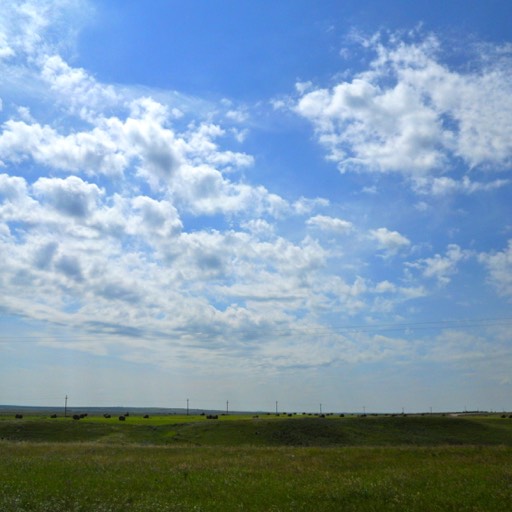 Photo of the prairie with the sky occupying the top three-quarters of the frame. The fluffy clouds add white to the blue of the sky. 