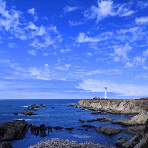 The sky is blue and the water is even more so. In the distance, on a small peninsula, is the lighthouse and buildings at Point Arena, California. 